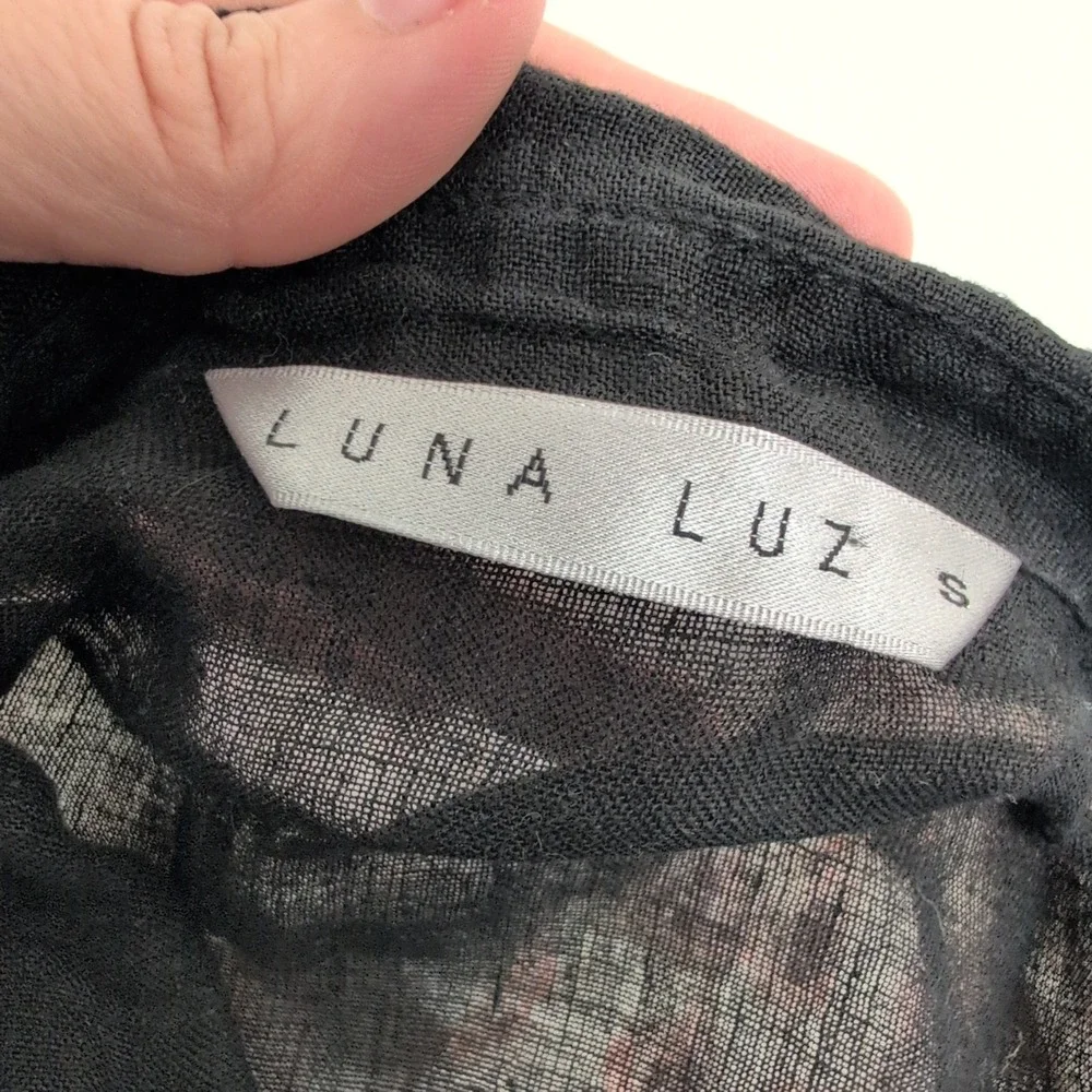 Luna‎ Luz Black Linen Button Down Shirt Women Size Small Long Sleeve Lagenlook